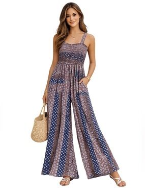 Bucket List Smocked Wide-Leg Jumpsuit in Navy and Mauve Multi Color Size: Small